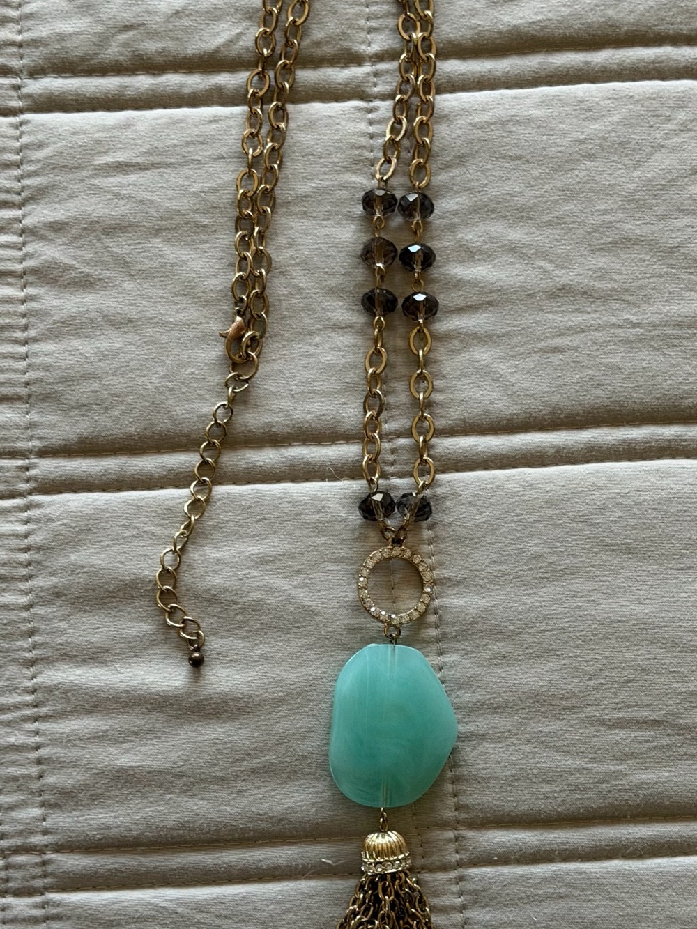 Gold Chain Necklace with Aqua Pendant and Tassel
